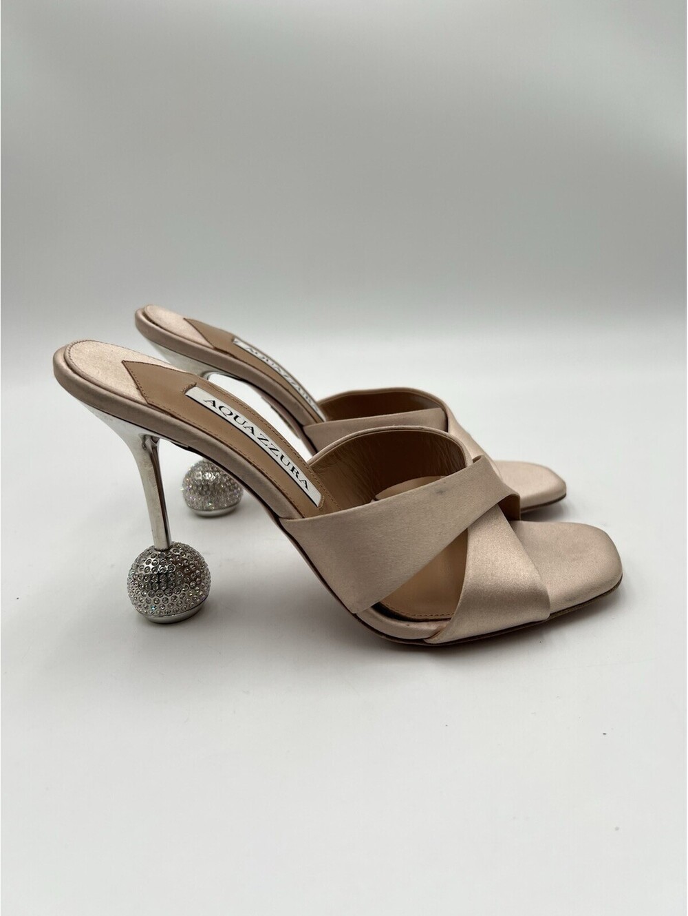 Aquazzura Yes Darling 95 crystal-embellished satin mules in champagne Size 35.5